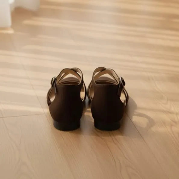 Pair of Brown sandals on a wooden floor