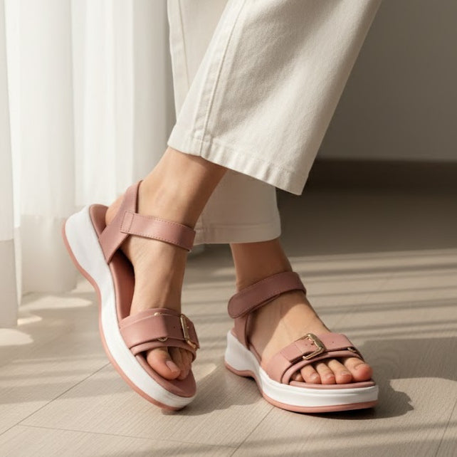 Pink sandals with white soles worn by a person on a light wooden floor.