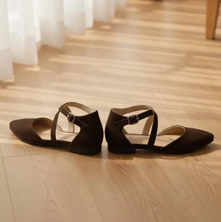 Pair of brown flat shoes on a wooden floor