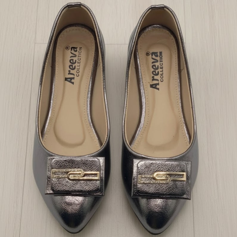 Pair of grey shoes with gold accents on a light wooden floor, branded 'Areeva Collection'.