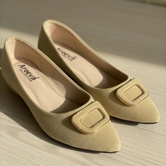 Pair of beige shoes with buckles on a wooden surface, featuring the brand 'Areeva'.
