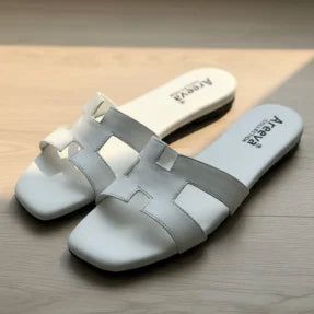 White slides with Areeva branding on a wooden floor.