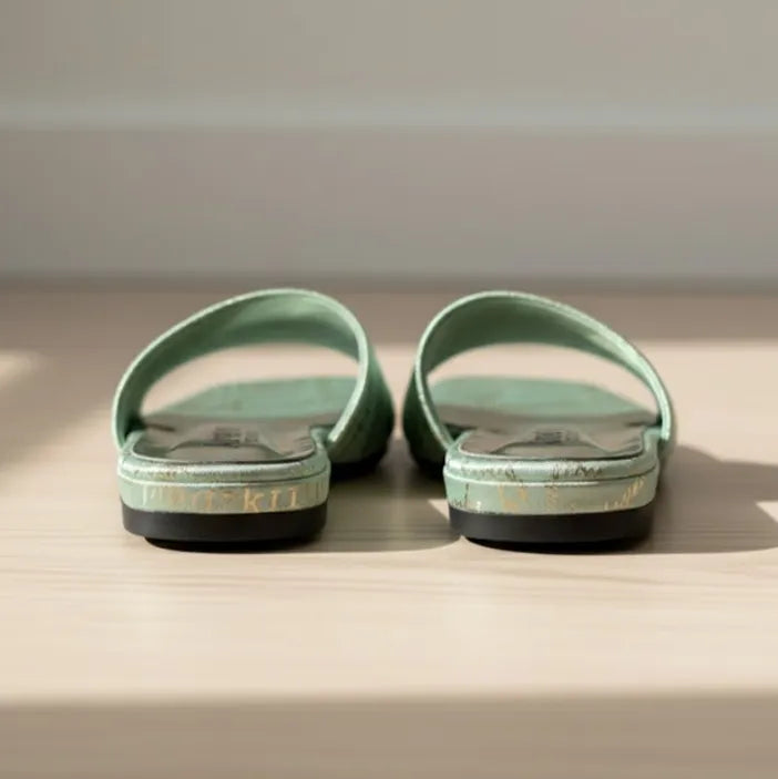 Pair of green slippers on a wooden surface with a neutral background