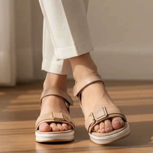 Beige sandals worn with white pants on a wooden floor.